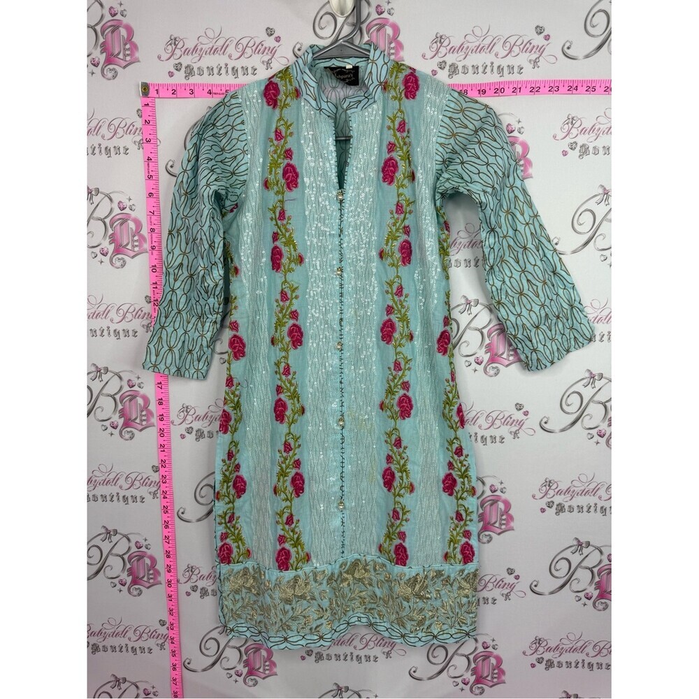 Dress embroidered pearls Mint Green Embroidered Tunic with Pink Rose Detailing